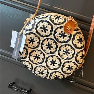 Woven Round Crossbody Bag with Leather Trim - Black & Natural